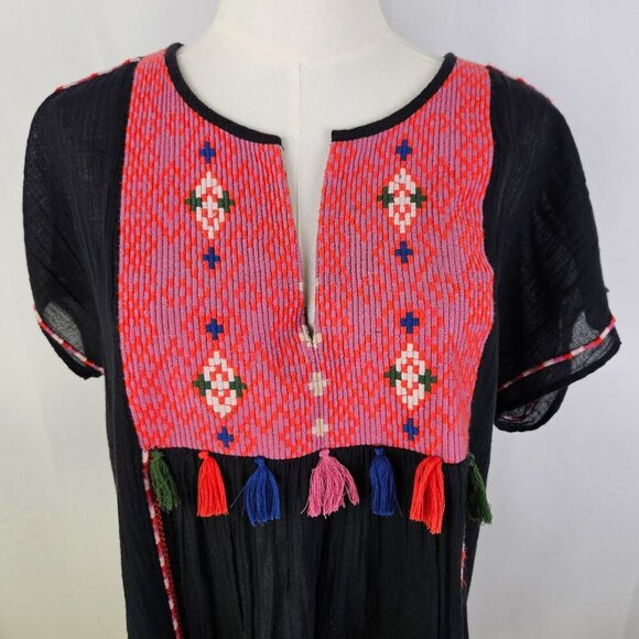Joie Black Boho Cotton Embroidered Mini Dress Small Tassels Short Sleeves - Picture 2 of 10